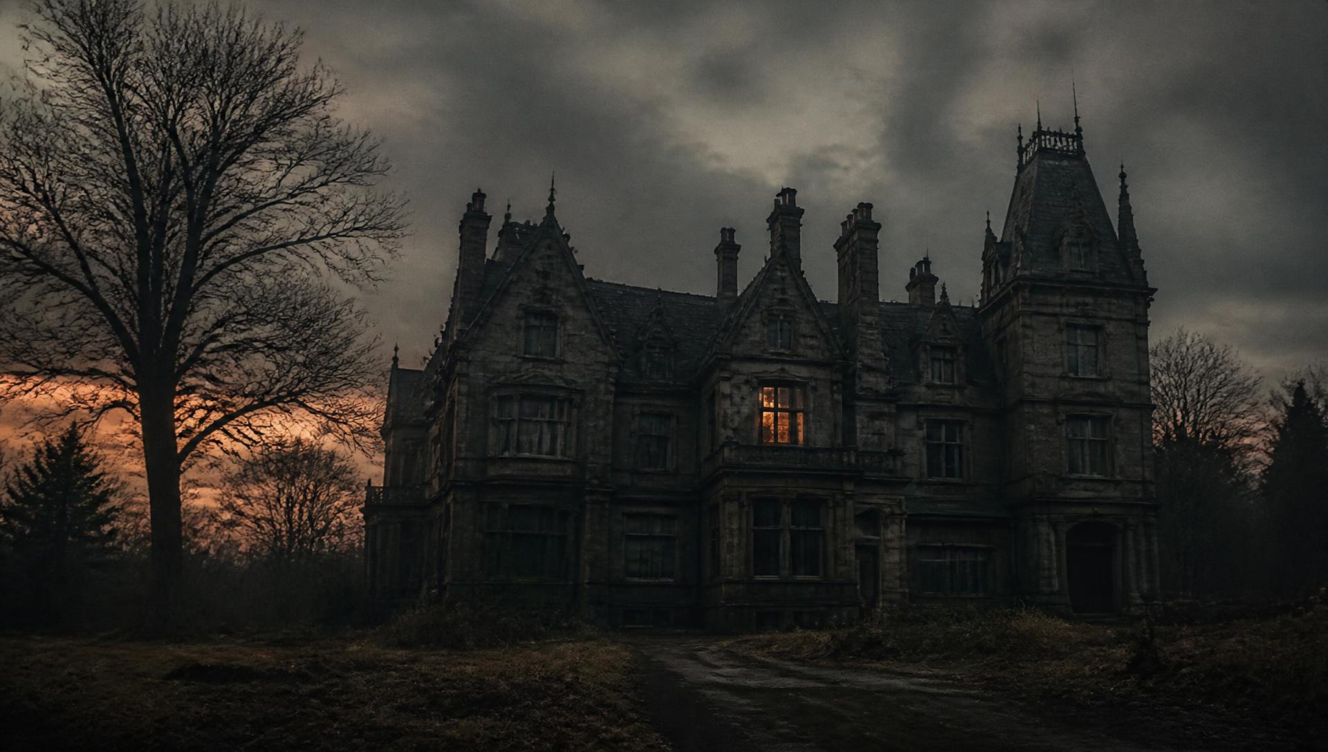 A decaying Victorian mansion at dusk with a single lit window