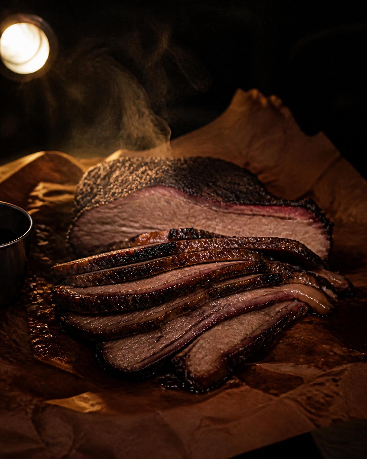 Sliced smoked brisket resting on butcher paper under a single warm light